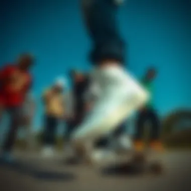 SK8 Hi Bolt White's Role in Skate Culture A group of skateboarders enjoying a session wearing SK8 Hi Bolt White.