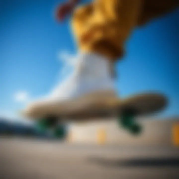 SK8 Hi Bolt White in Action The SK8 Hi Bolt White in action during a skateboard trick.