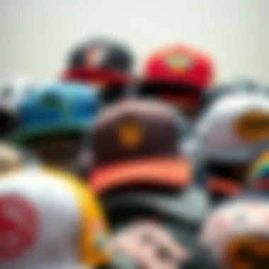 A collection of different styles of skateboard trucker hats displayed together