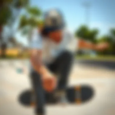 Skateboarder wearing a trucker hat while performing a trick at a skate park