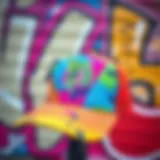 A vibrant skateboard trucker hat showcased against a colorful graffiti backdrop