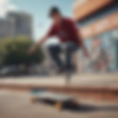 Skateboard resting on an urban backdrop, showcasing modern skatewear