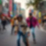 A vibrant street scene showcasing skaters wearing stylish jackets