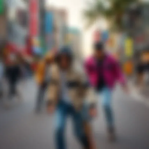 A vibrant street scene showcasing skaters wearing stylish jackets