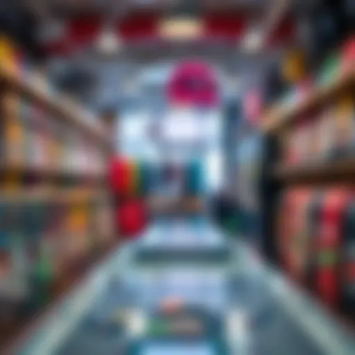 A vibrant skate shop interior showcasing skateboard decks and apparel