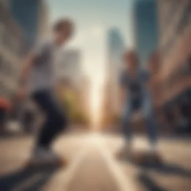 Group of skaters wearing skyline sunglasses in urban environment