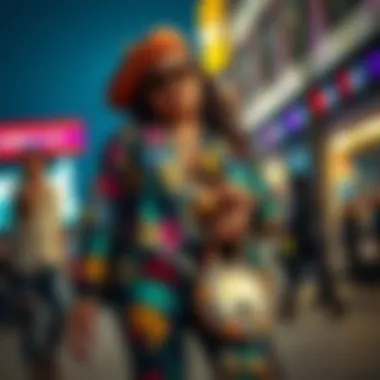 A vibrant street style outfit showcasing bold patterns and accessories.