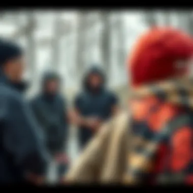 Group of skateboarders discussing the features of the 686 Hydrastash Jacket