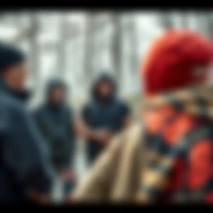 Group of skateboarders discussing the features of the 686 Hydrastash Jacket