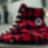 Close-up of plaid high-top Converse showcasing the unique pattern and texture