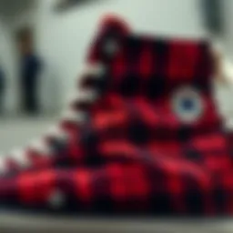 Close-up of plaid high-top Converse showcasing the unique pattern and texture