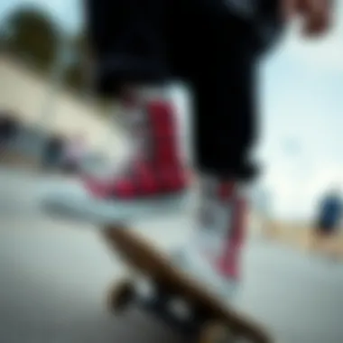 Skateboarder performing tricks while wearing plaid high-top Converse