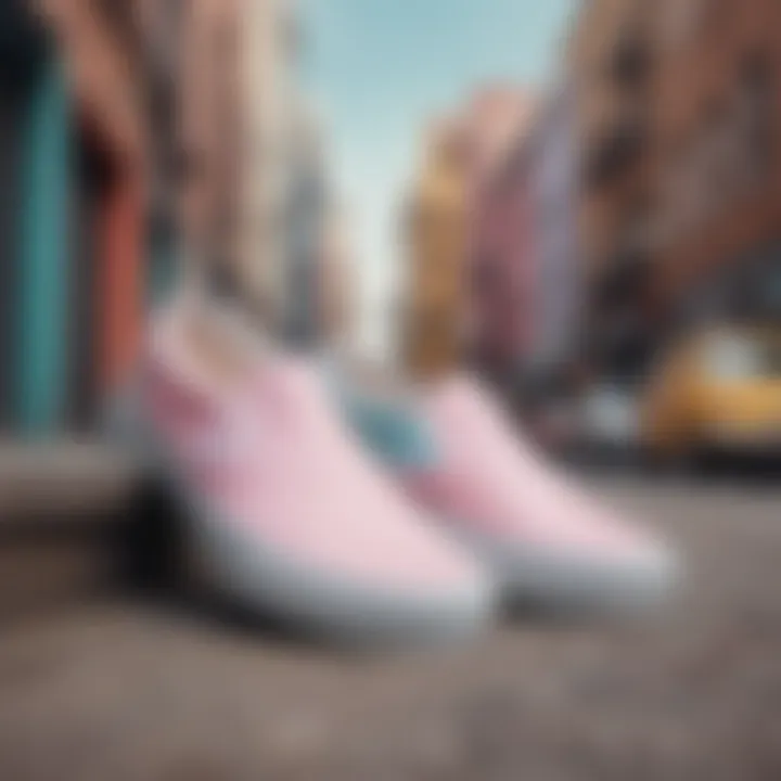 A stylish individual wearing pastel Vans Slip-Ons against an urban backdrop, merging fashion with street culture.