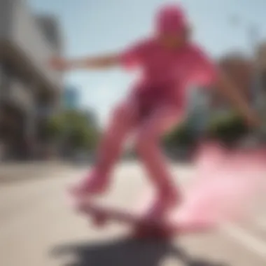 Skateboarder wearing pink suede Nike sneakers in action