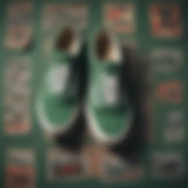 Nostalgic display of vintage skateboarding memorabilia with Vans Classic Green