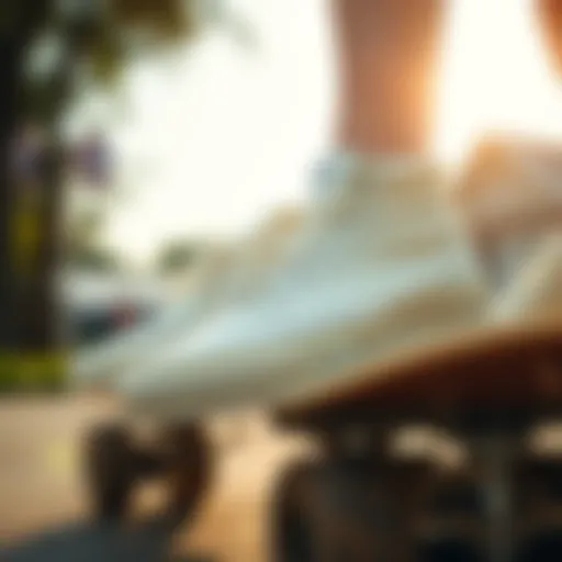 Stylish Vans cream shoes on a skateboard