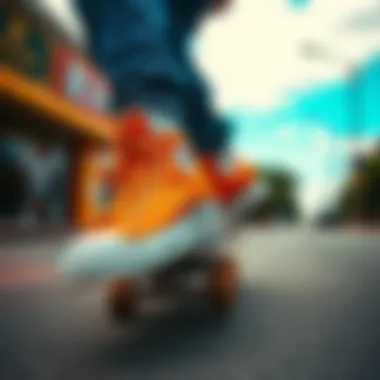 Dynamic skateboarder showcasing burnt orange Converse low tops on a vibrant street