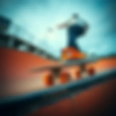 Stylish skateboard on a half-pipe featuring burnt orange Converse footwear