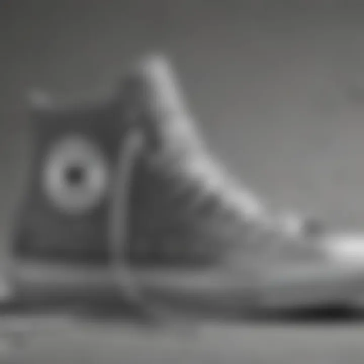 Close-up of grey Converse high tops showcasing design details