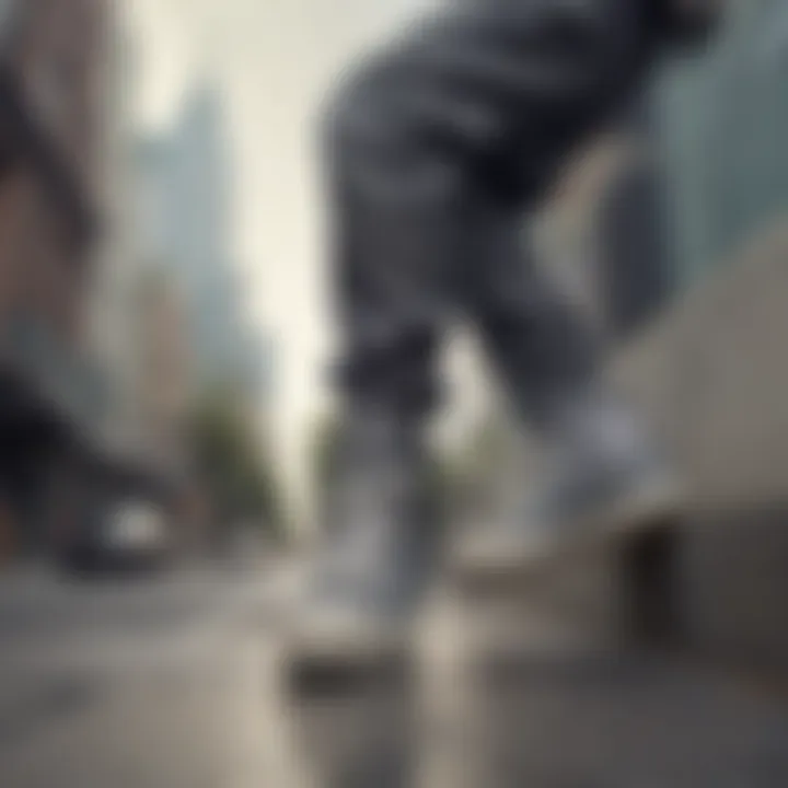 Skateboarder wearing grey Converse high tops platform in urban setting