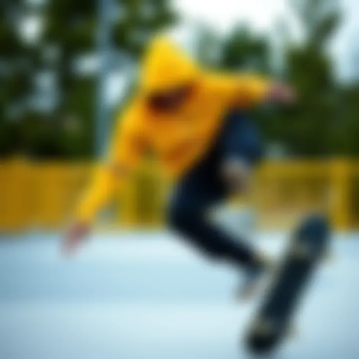 Skateboarder wearing the yellow hoodie while performing tricks