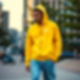 Yellow Nike zip-up hoodie showcased in urban skate park