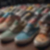 A selection of Vans skate shoes showcased on a skateboard.