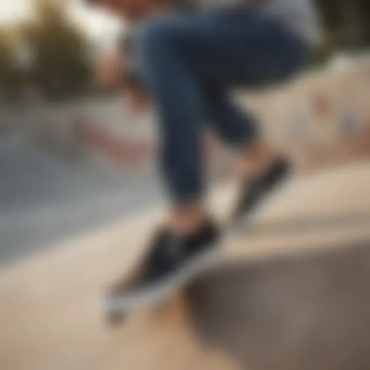 A skateboarder wearing Vans slip-ons at a skate park