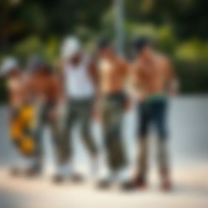 Group of skaters wearing various styles of skate pants