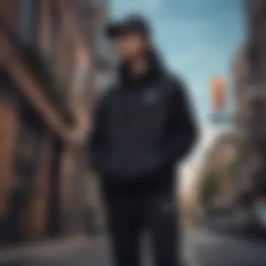 Stylish individual wearing the black Nike Club fleece in an urban setting