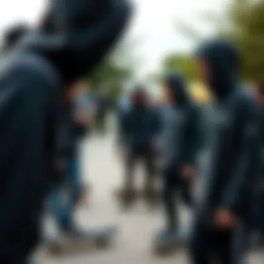 A group of skateboarders in charcoal hoodies engaging in a community event.