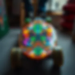 A close-up view of a clear butterfly longboard showcasing its intricate design and vibrant colors.