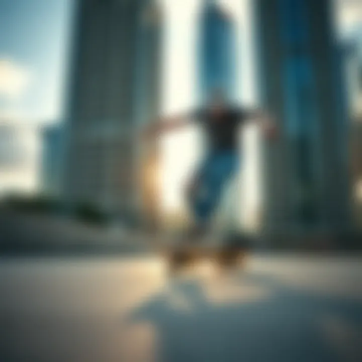An athlete performing tricks on a clear butterfly longboard in an urban setting, capturing the essence of skate culture.