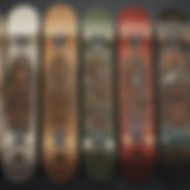 A collection of skateboard decks with various designs and styles