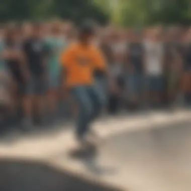 A gathering of skateboarders celebrating in a skate park