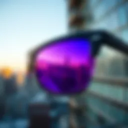 A pair of vibrant purple sunglasses reflecting a city skyline.