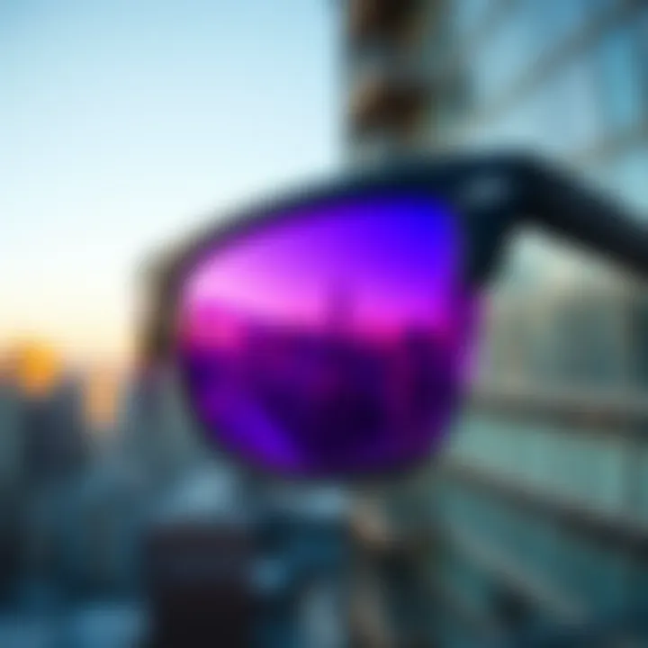 Purple Sunglasses Against Urban Backdrop A pair of vibrant purple sunglasses reflecting a city skyline.