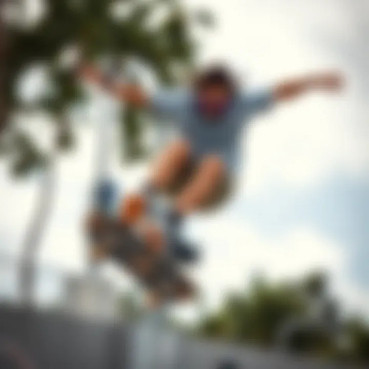 Skateboarder in Motion with Purple Sunglasses A skateboarder wearing purple sunglasses in mid-air while performing a trick.