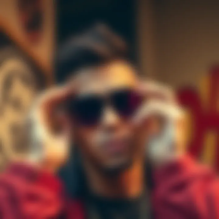 Stylish Individual with Purple Sunglasses Close-up of a stylish individual adjusting their purple sunglasses in a trendy urban setting.