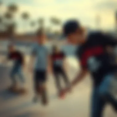 Skaters wearing Deathwish t-shirts while performing tricks in a skate park