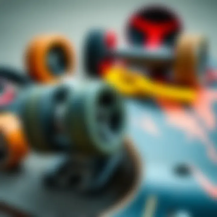 Essential Skateboard Gear and Accessories A close-up of skateboard gear including wheels, decks, and safety equipment