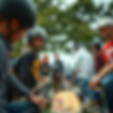 A Thriving Skateboard Community Sharing and Learning A community gathering of skateboarders sharing tips and experiences