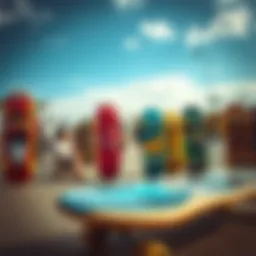 A vibrant skatepark filled with diverse skateboards showcasing unique designs