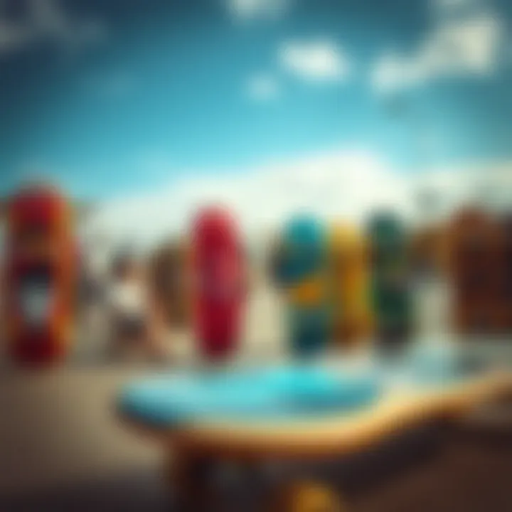 Diverse Skateboard Designs at a Vibrant Skatepark A vibrant skatepark filled with diverse skateboards showcasing unique designs