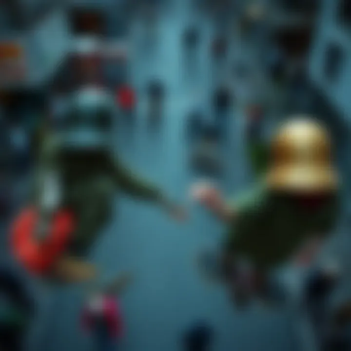 Urban Skateboarding: Tricks in Motion An aerial view of skateboarders performing tricks in a bustling urban environment