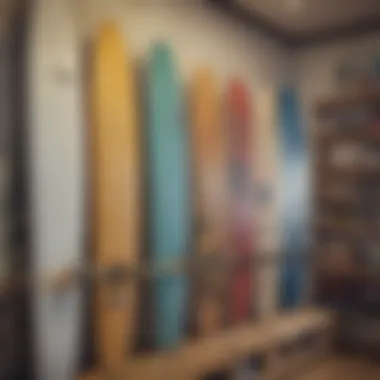 Close-up of surfboards and skateboard decks displayed in a shop