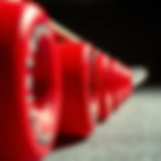 Close-up of vibrant red skateboard wheels with a textured surface.