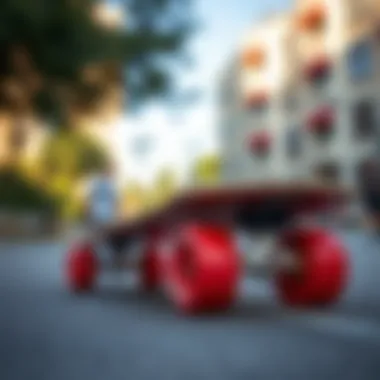 Skateboard with red wheels showcased in an urban setting.