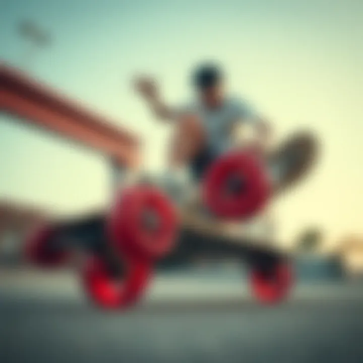 Skater performing tricks with a skateboard featuring red wheels.