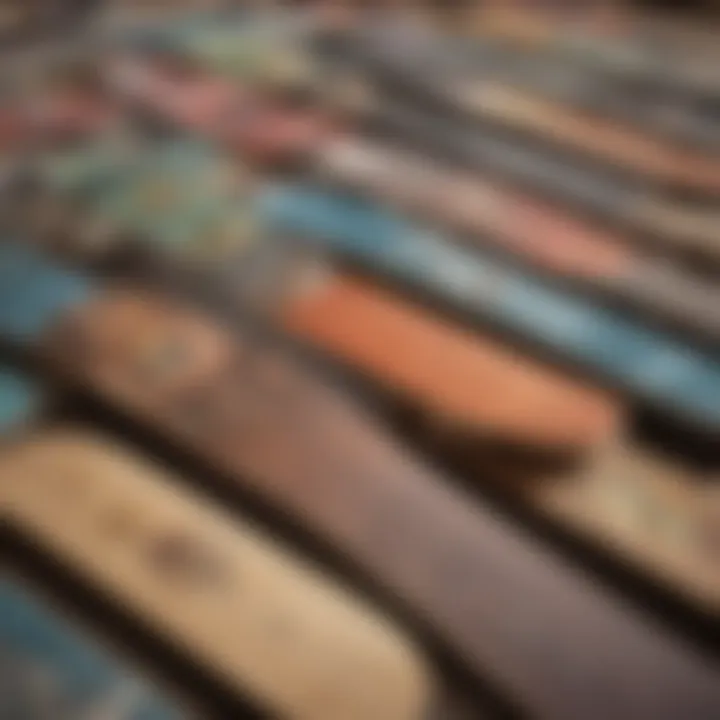 An assortment of different materials used in skateboard deck construction displayed creatively.